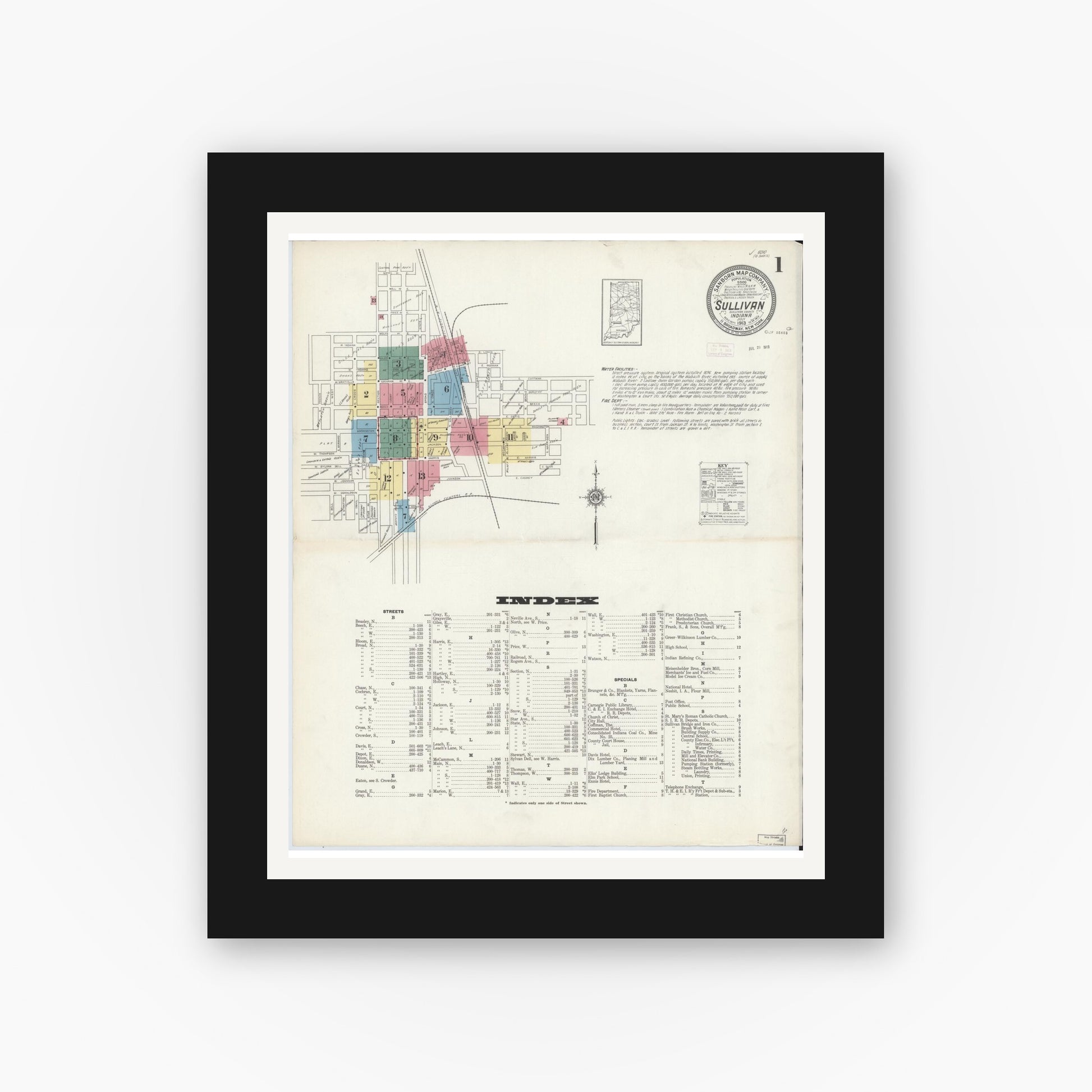 Old map wall art mockup — black gallery frame with white mat — Sanborn Fire Insurance Map from Sullivan, Sullivan County, Indiana (1913) - Complete Map Set