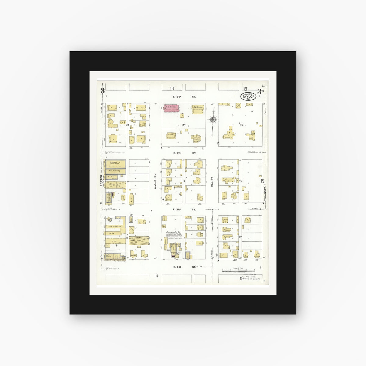 Old map wall art mockup — black gallery frame with white mat — Sanborn Fire Insurance Map from Taylor, Williamson County, Texas (1923), Sheet #0003