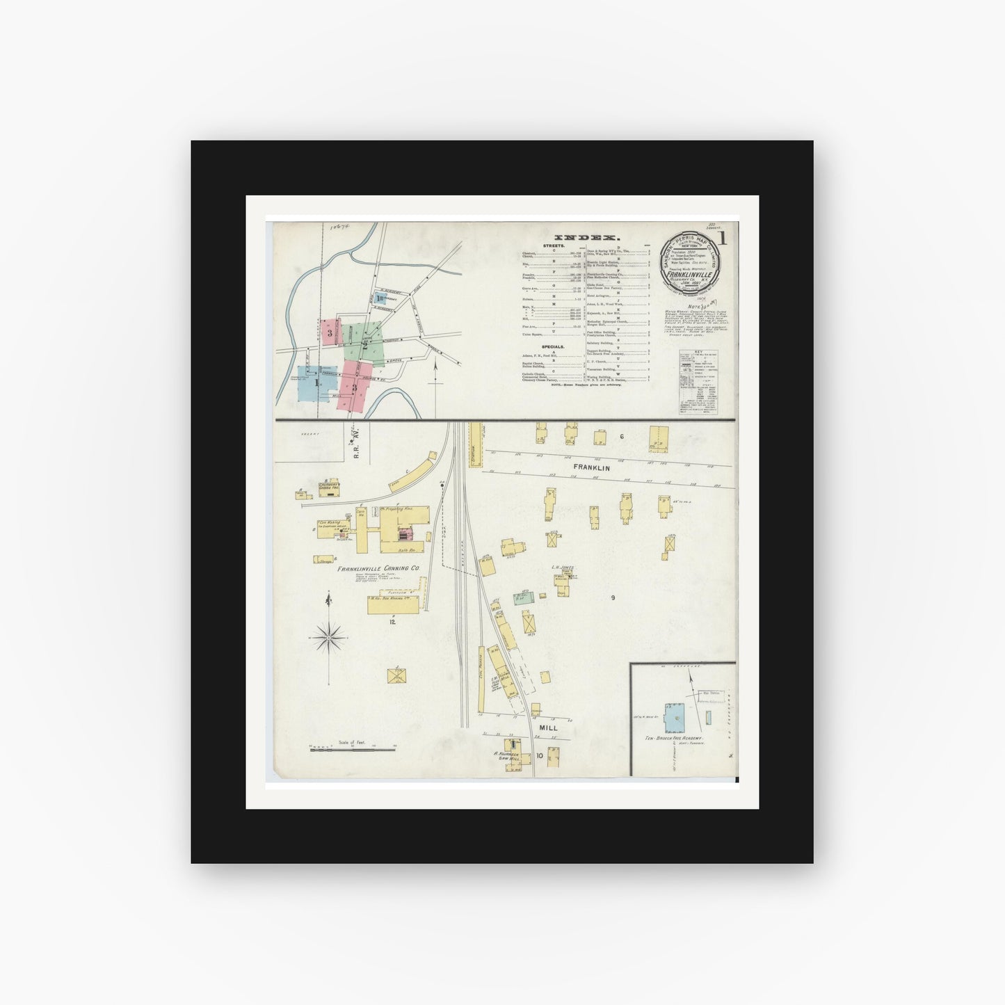 Old map wall art mockup — black gallery frame with white mat — Sanborn Fire Insurance Map from Franklinville, Cattaraugus County, New York (1897), Sheet #0001