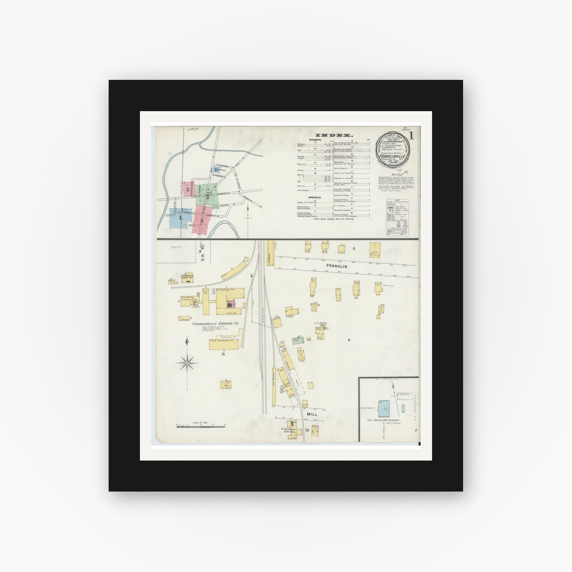 Old map wall art mockup — black gallery frame with white mat — Sanborn Fire Insurance Map from Franklinville, Cattaraugus County, New York (1897), Sheet #0001