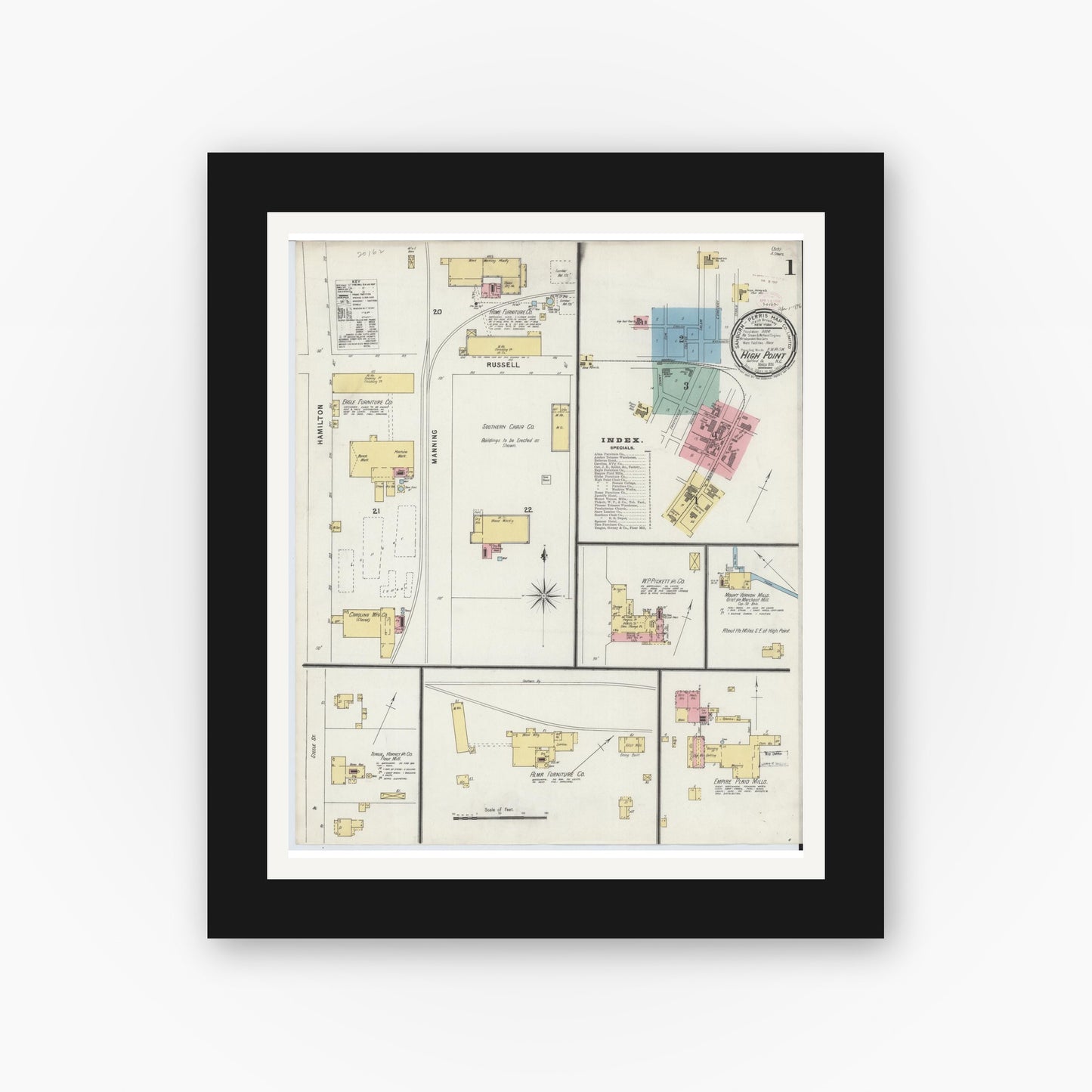 Old map wall art mockup — black gallery frame with white mat — Sanborn Fire Insurance Map from High Point, Guilford County, North Carolina (1896) - Complete Map Set
