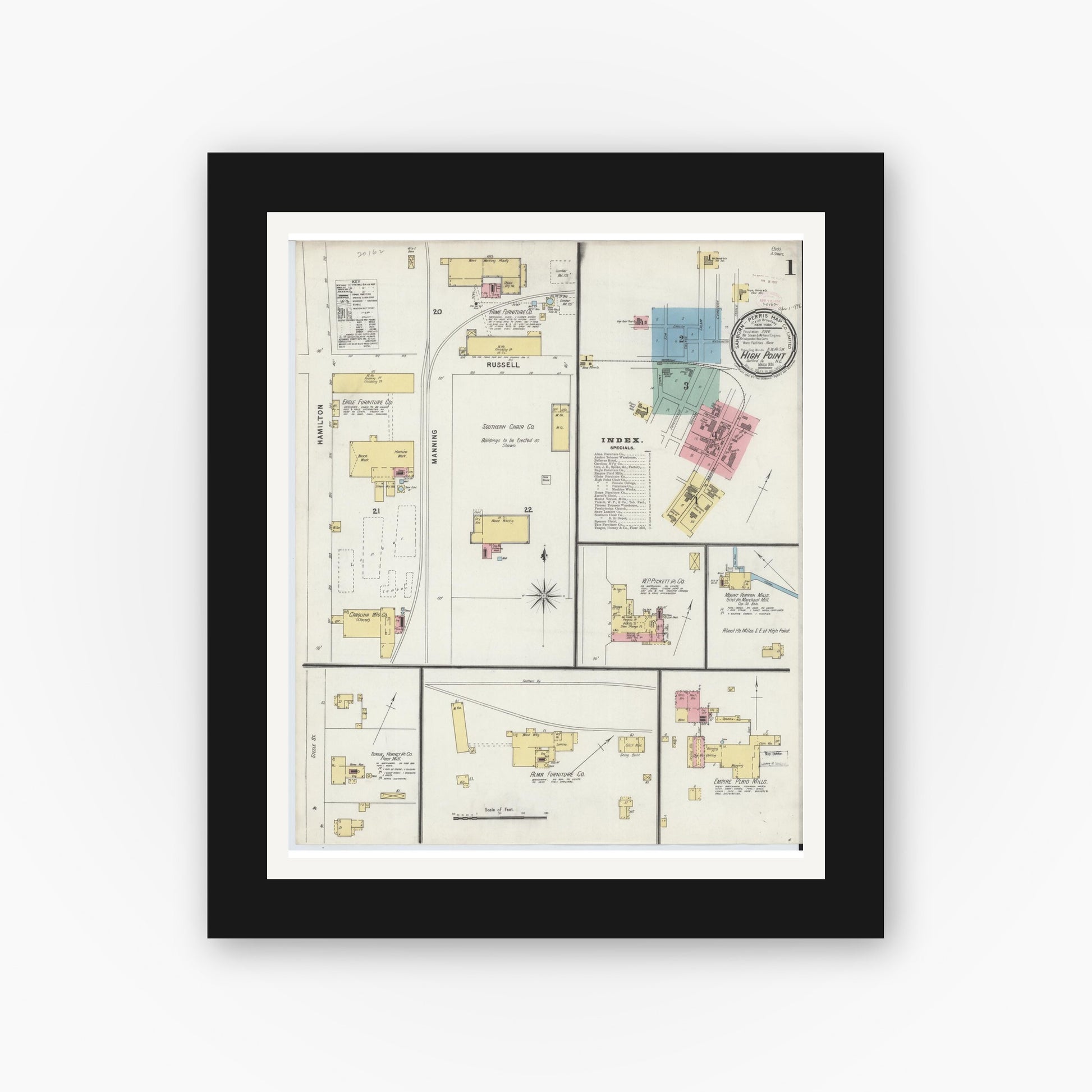Old map wall art mockup — black gallery frame with white mat — Sanborn Fire Insurance Map from High Point, Guilford County, North Carolina (1896) - Complete Map Set