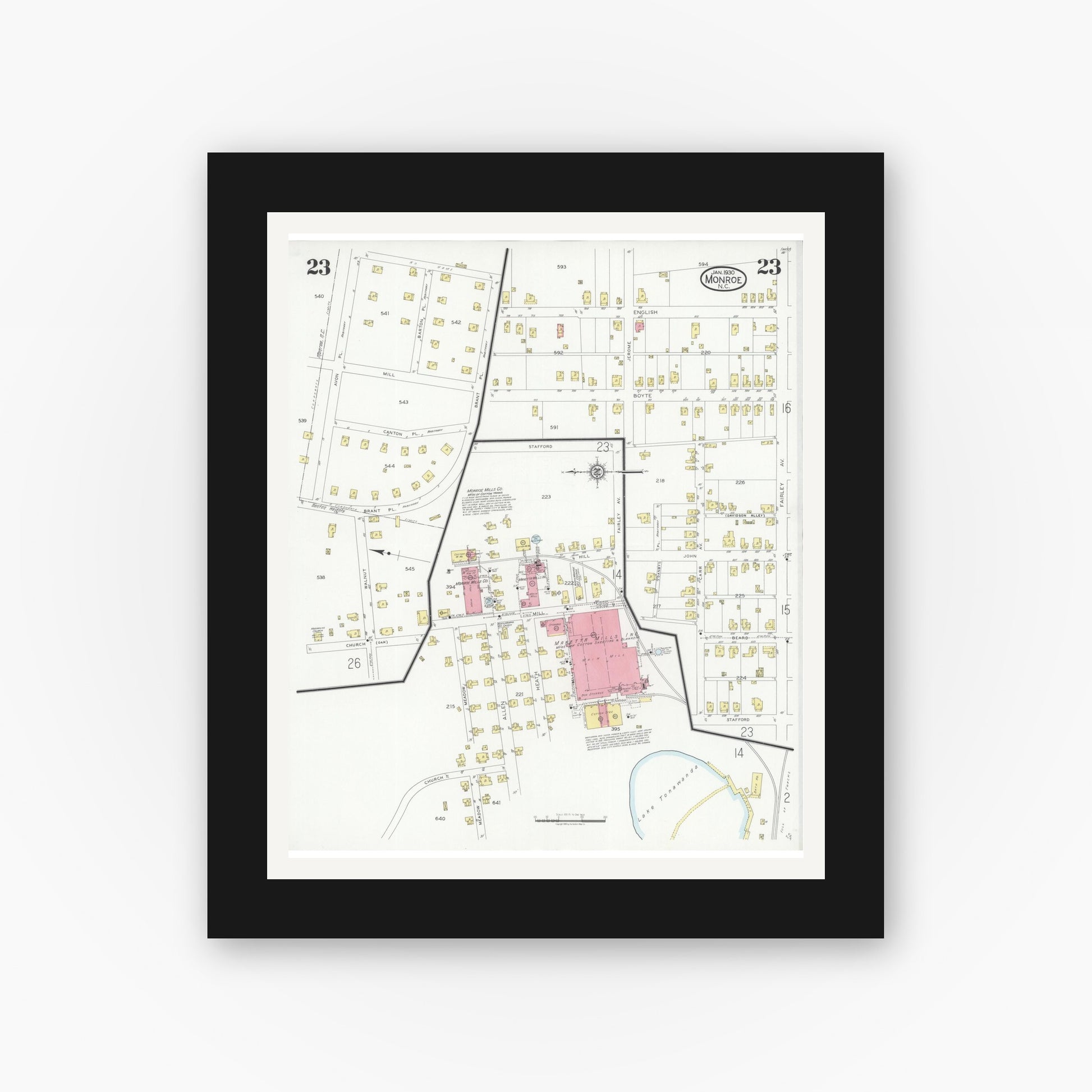Old map wall art mockup — black gallery frame with white mat — Sanborn Fire Insurance Map from Monroe, Union County, North Carolina (1930), Sheet #0023