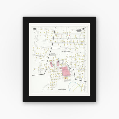 Old map wall art mockup — black gallery frame with white mat — Sanborn Fire Insurance Map from Monroe, Union County, North Carolina (1930), Sheet #0023