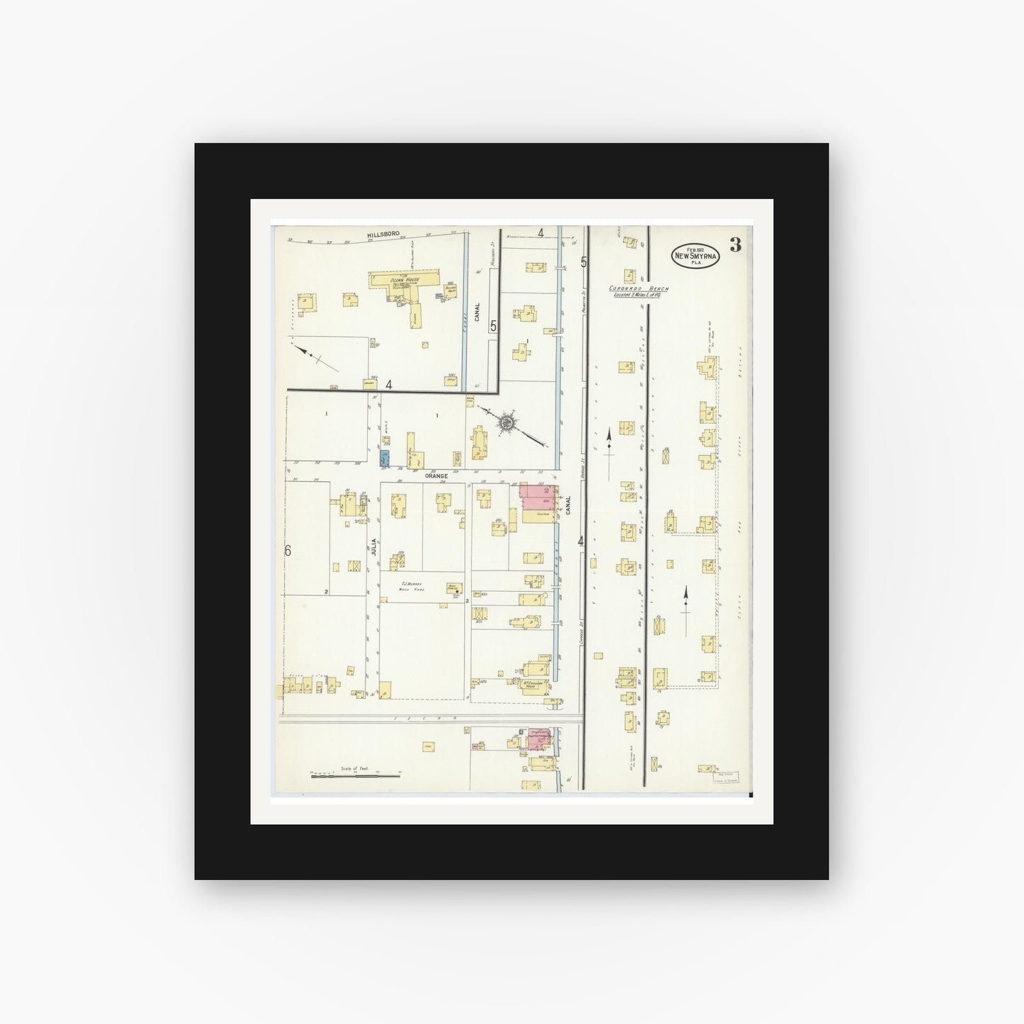 Old map wall art mockup — black gallery frame with white mat — Sanborn Fire Insurance Map from New Smyrna, Valusia County, Florida (1912), Sheet #0003