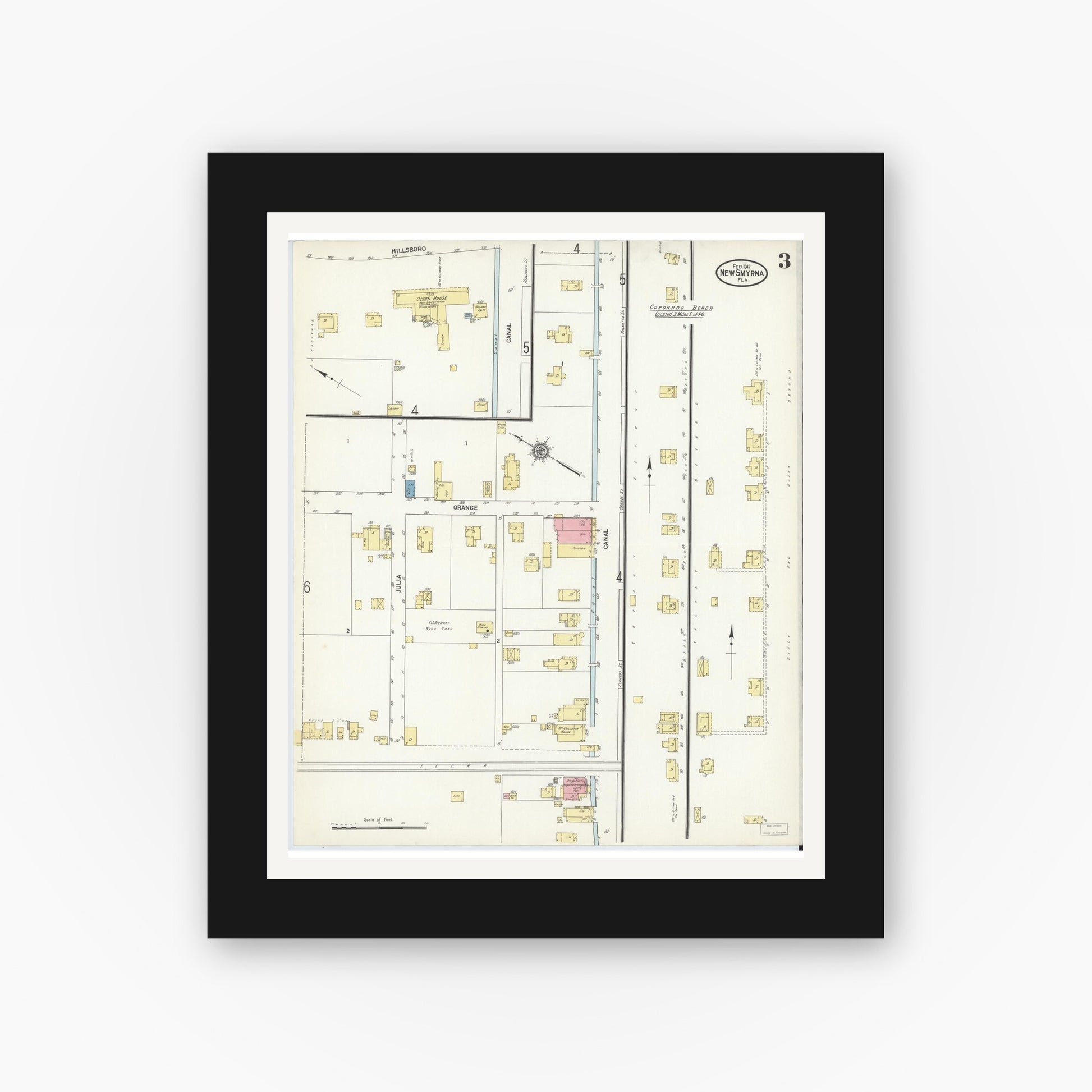 Old map wall art mockup — black gallery frame with white mat — Sanborn Fire Insurance Map from New Smyrna, Valusia County, Florida (1912), Sheet #0003