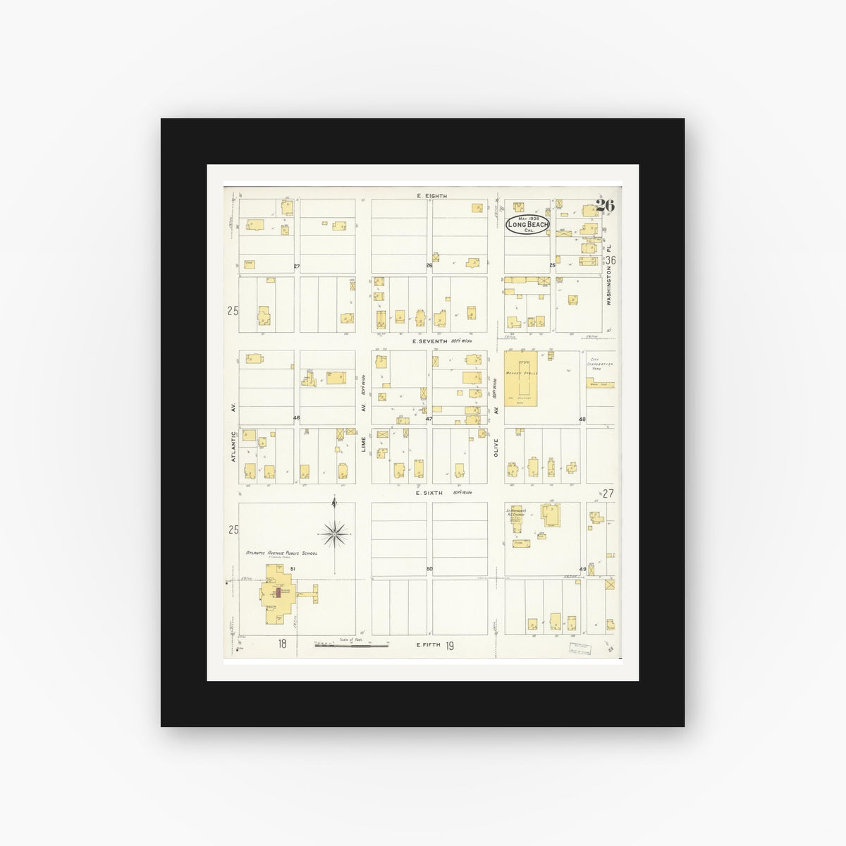 Old map wall art mockup — black gallery frame with white mat — Sanborn Fire Insurance Map from Long Beach, Los Angeles County, California (1908), Sheet #0026