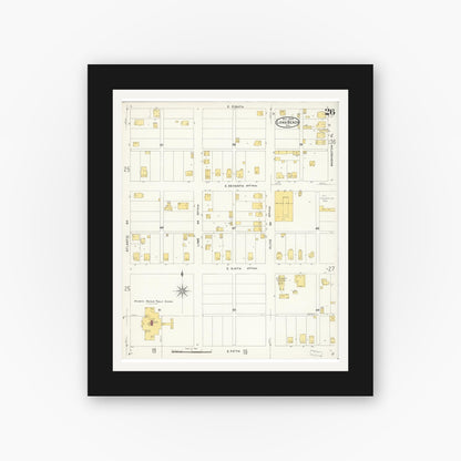 Old map wall art mockup — black gallery frame with white mat — Sanborn Fire Insurance Map from Long Beach, Los Angeles County, California (1908), Sheet #0026