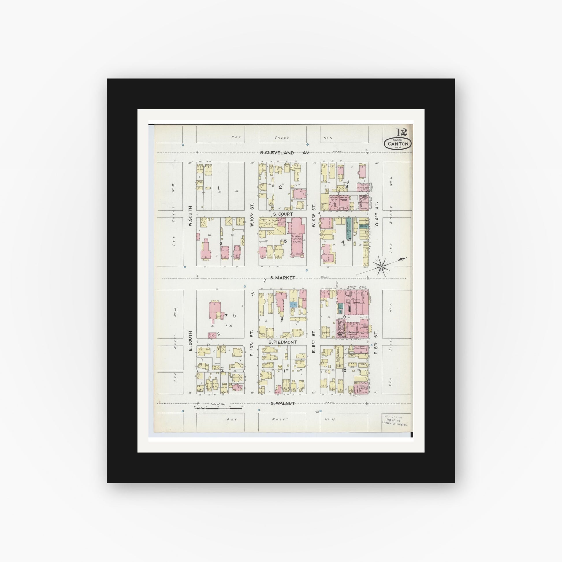 Old map wall art mockup — black gallery frame with white mat — Sanborn Fire Insurance Map from Canton, Stark County, Ohio (1891), Sheet #0012