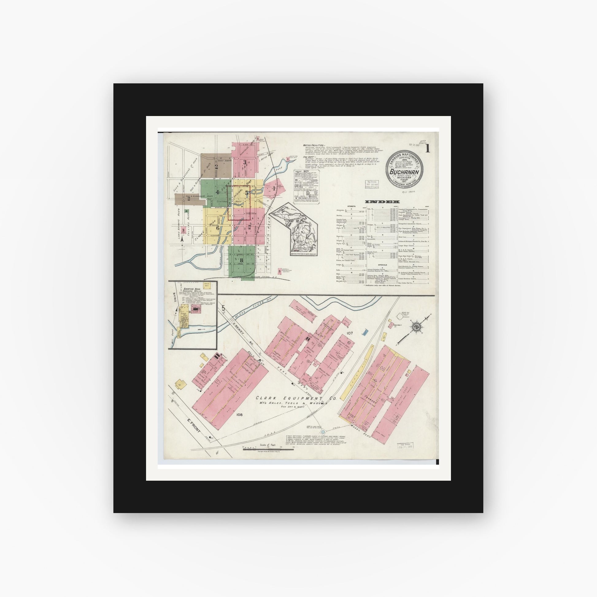 Old map wall art mockup — black gallery frame with white mat — Sanborn Fire Insurance Map from Buchanan, Berrien County, Michigan (1917) - Complete Map Set