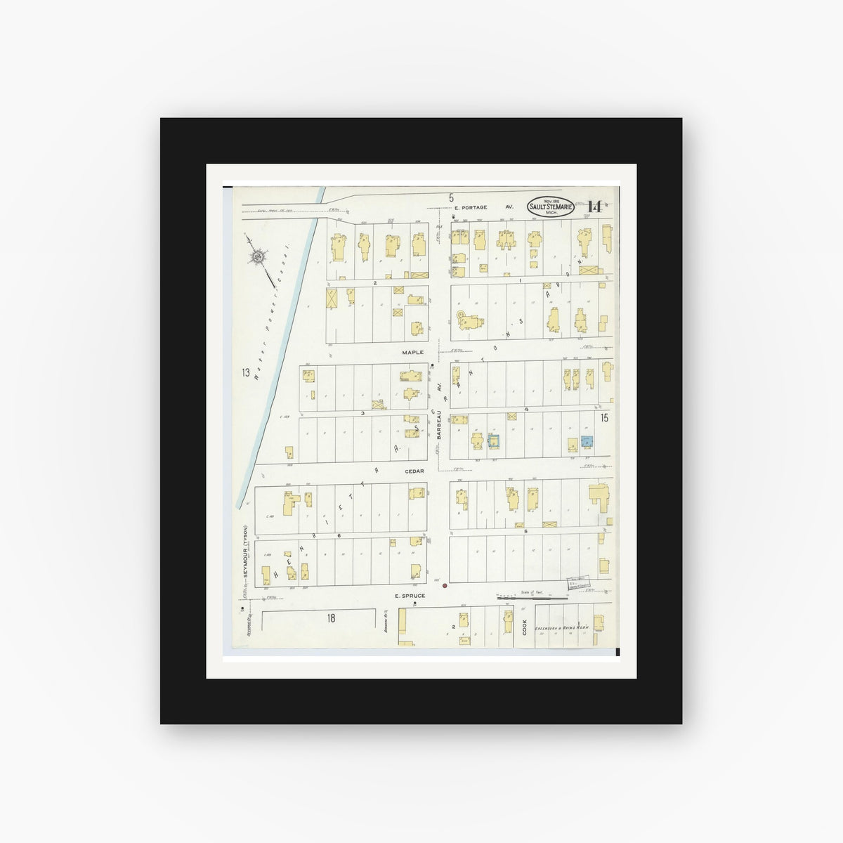 Old map wall art mockup — black gallery frame with white mat — Sanborn Fire Insurance Map from Sault Sainte Marie, Chippewa County, Michigan (1915), Sheet #0014