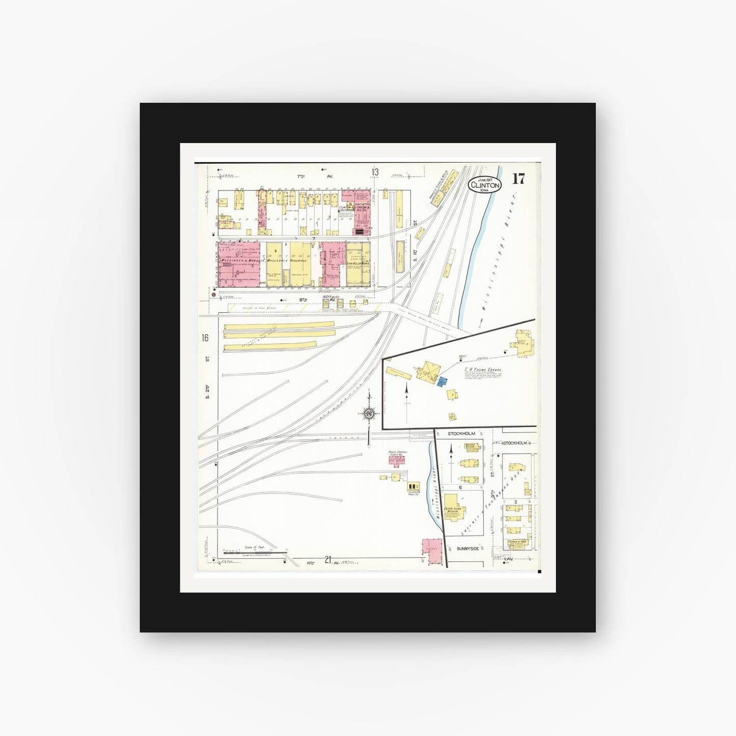 Old map wall art mockup — black gallery frame with white mat — Sanborn Fire Insurance Map from Clinton, Clinton County, Iowa (1917), Sheet #0017