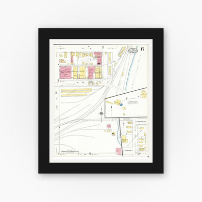 Old map wall art mockup — black gallery frame with white mat — Sanborn Fire Insurance Map from Clinton, Clinton County, Iowa (1917), Sheet #0017