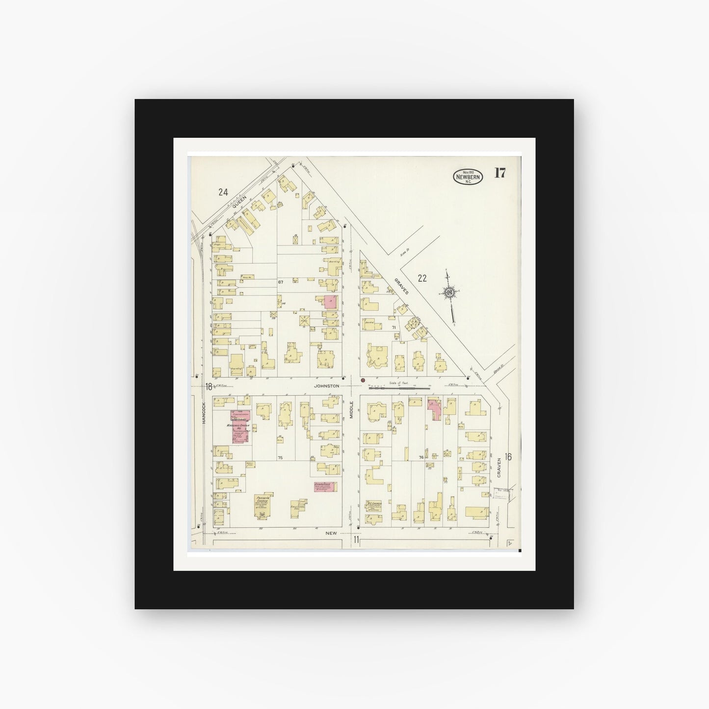 Old map wall art mockup — black gallery frame with white mat — Sanborn Fire Insurance Map from New Bern, Craven County, North Carolina (1913), Sheet #0017