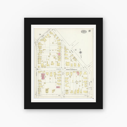 Old map wall art mockup — black gallery frame with white mat — Sanborn Fire Insurance Map from New Bern, Craven County, North Carolina (1913), Sheet #0017