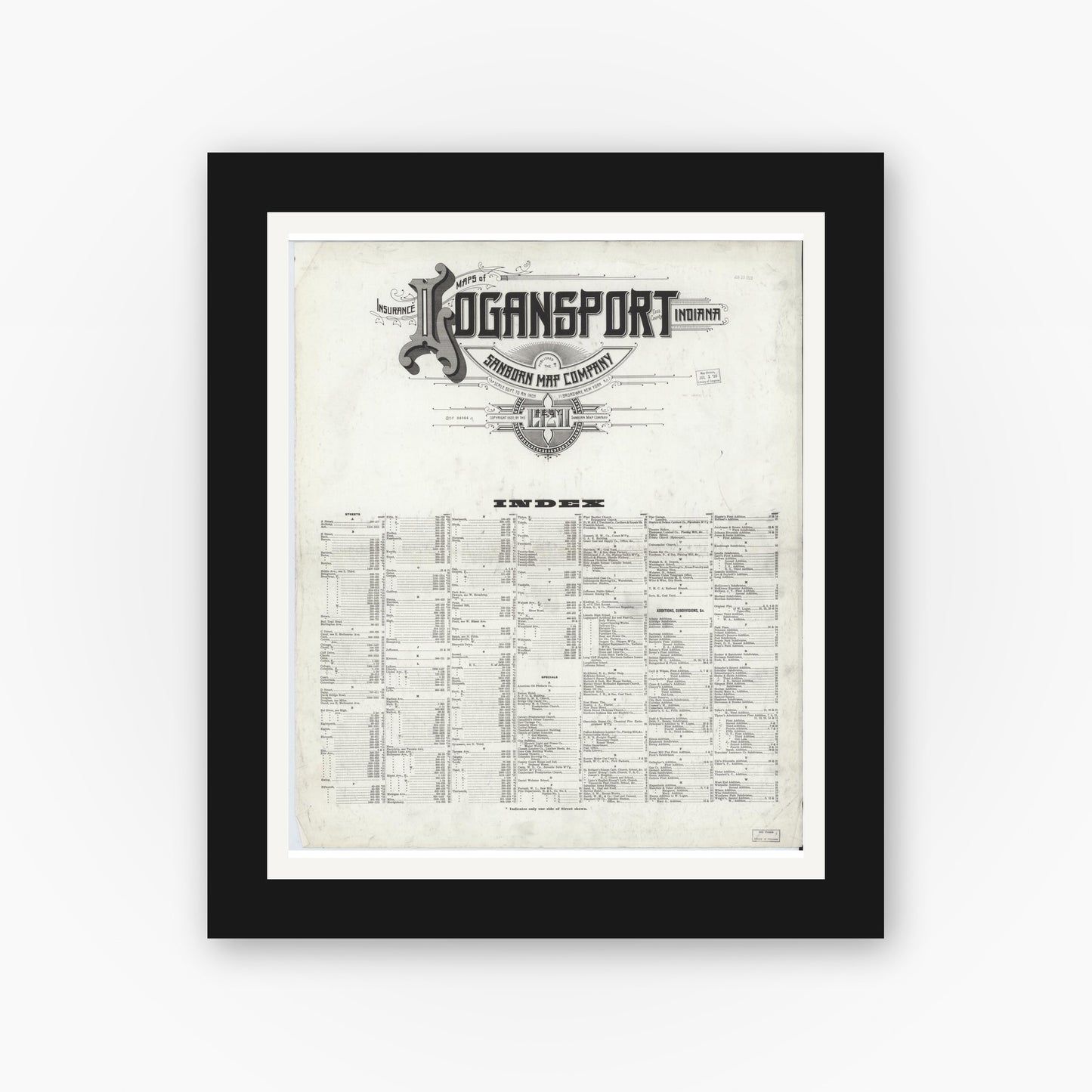 Old map wall art mockup — black gallery frame with white mat — Sanborn Fire Insurance Map from Logansport, Cass County, Indiana (1921), Sheet #0001