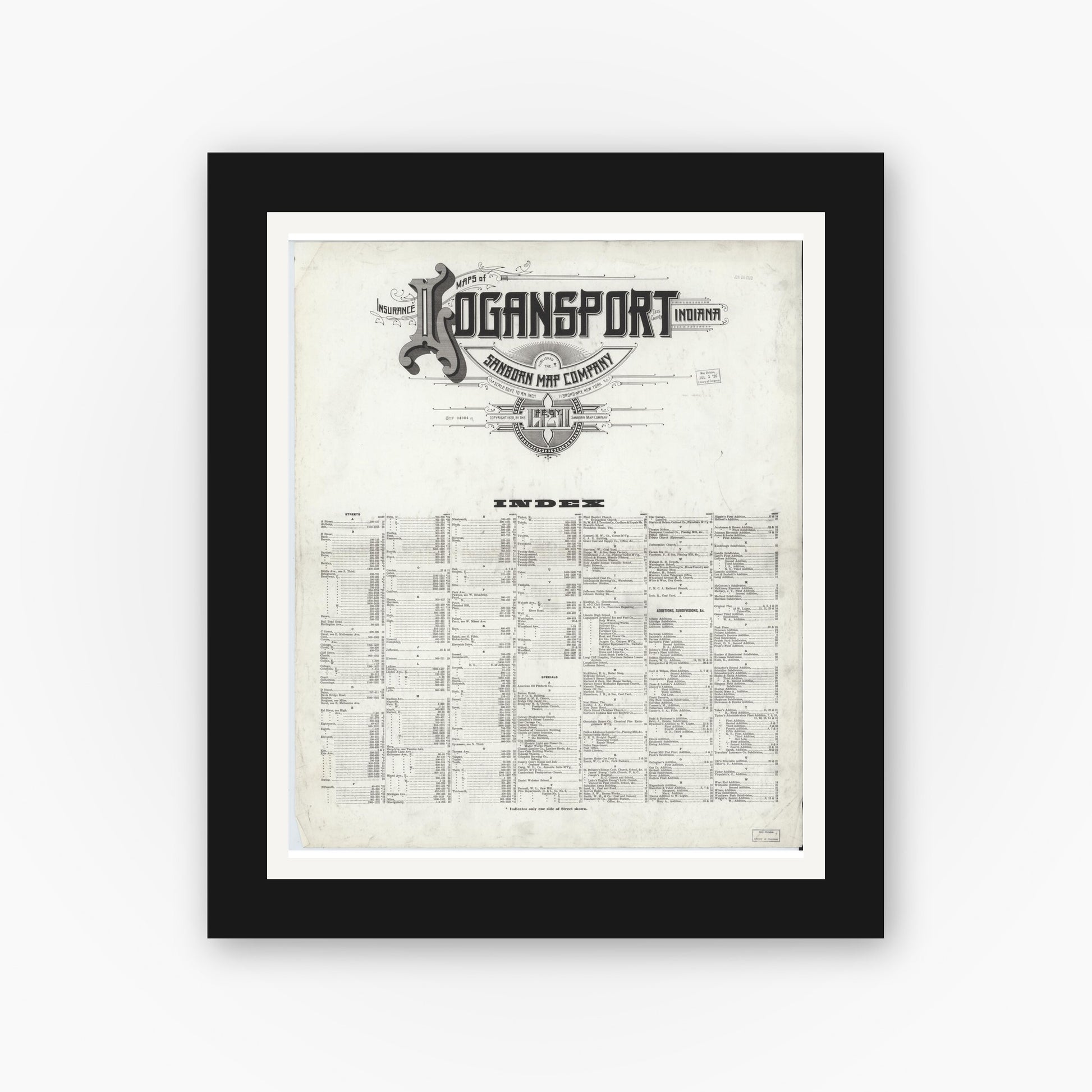Old map wall art mockup — black gallery frame with white mat — Sanborn Fire Insurance Map from Logansport, Cass County, Indiana (1921), Sheet #0001