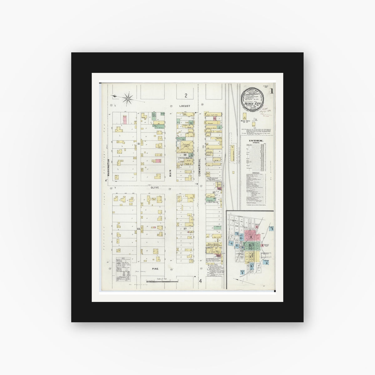 Old map wall art mockup — black gallery frame with white mat — Sanborn Fire Insurance Map from Pierce City, Lawrence County, Missouri (1896), Sheet #0001