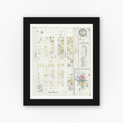 Old map wall art mockup — black gallery frame with white mat — Sanborn Fire Insurance Map from Pierce City, Lawrence County, Missouri (1896), Sheet #0001