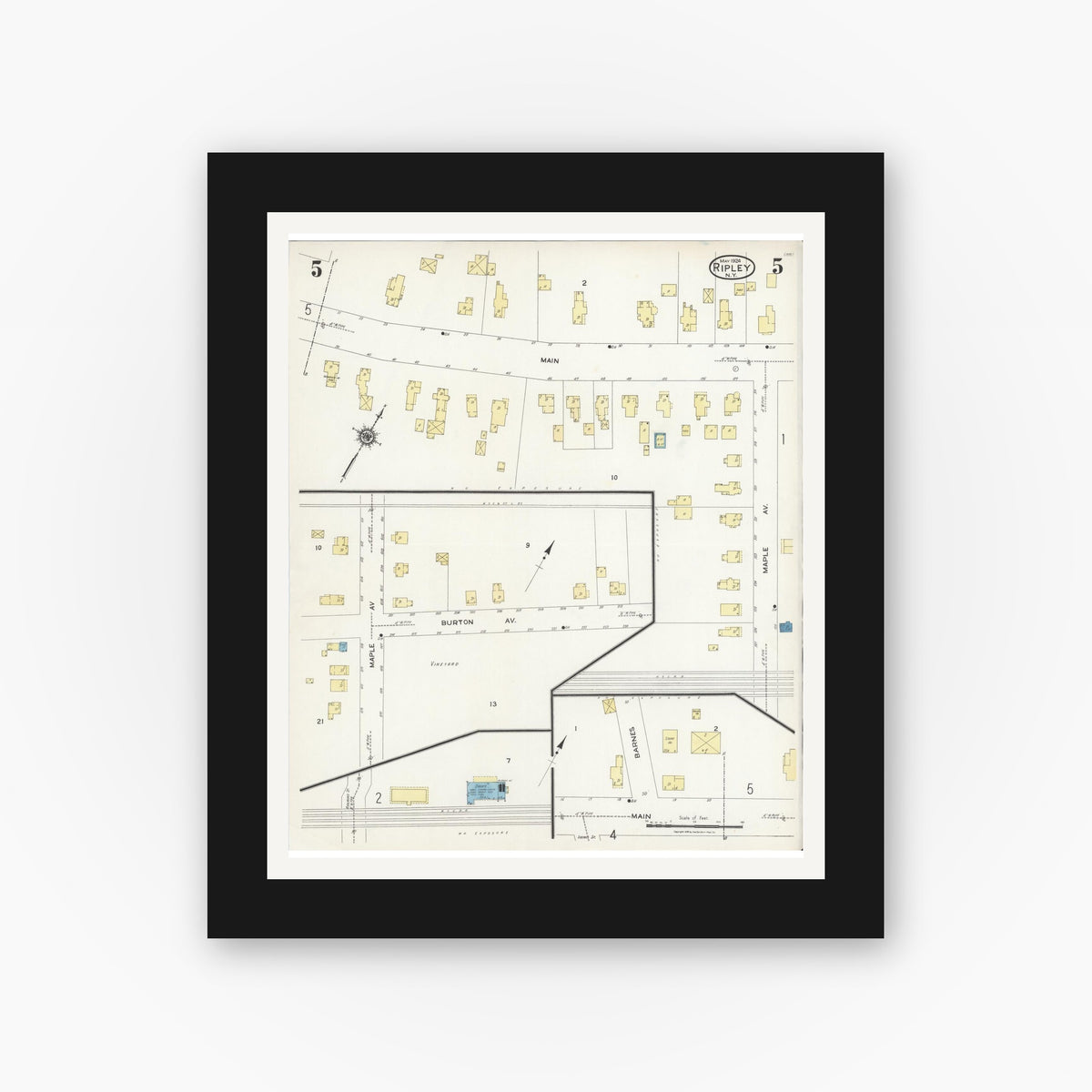 Old map wall art mockup — black gallery frame with white mat — Sanborn Fire Insurance Map from Ripley, Chautauqua County, New York (1924), Sheet #0005