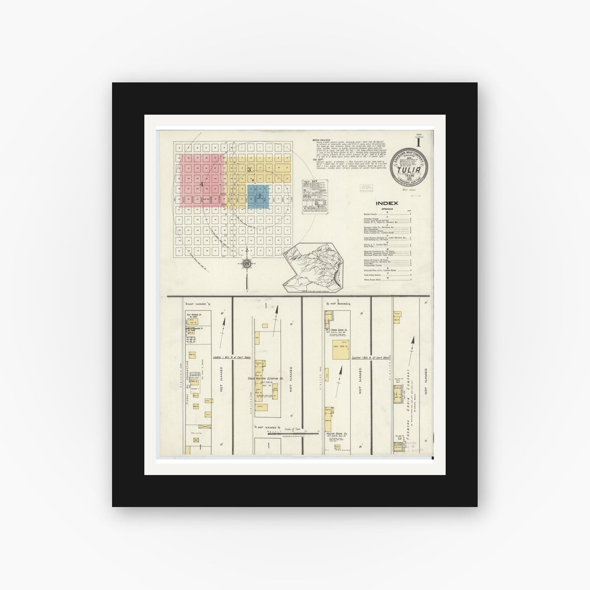 Old map wall art mockup — black gallery frame with white mat — Sanborn Fire Insurance Map from Tulia, Swisher County, Texas (1921) - Complete Map Set