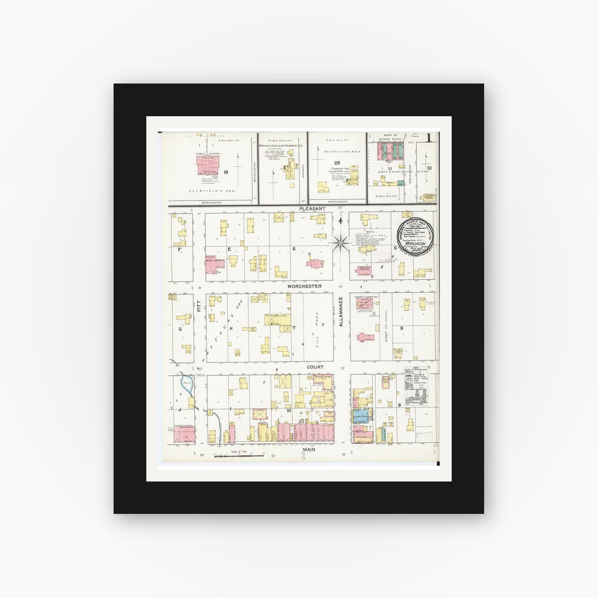 Old map wall art mockup — black gallery frame with white mat — Sanborn Fire Insurance Map from Waukon, Allamakee County, Iowa (1892) â€” Complete Set