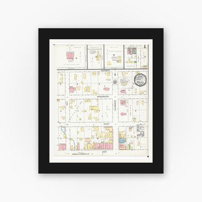 Old map wall art mockup — black gallery frame with white mat — Sanborn Fire Insurance Map from Waukon, Allamakee County, Iowa (1892) â€” Complete Set