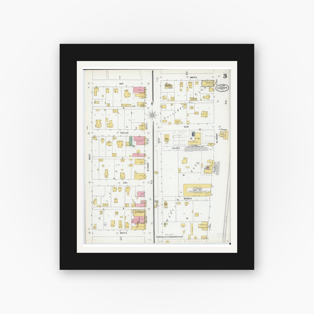 Old map wall art mockup — black gallery frame with white mat — Sanborn Fire Insurance Map from Cobden, Union County, Illinois (1900), Sheet #0003
