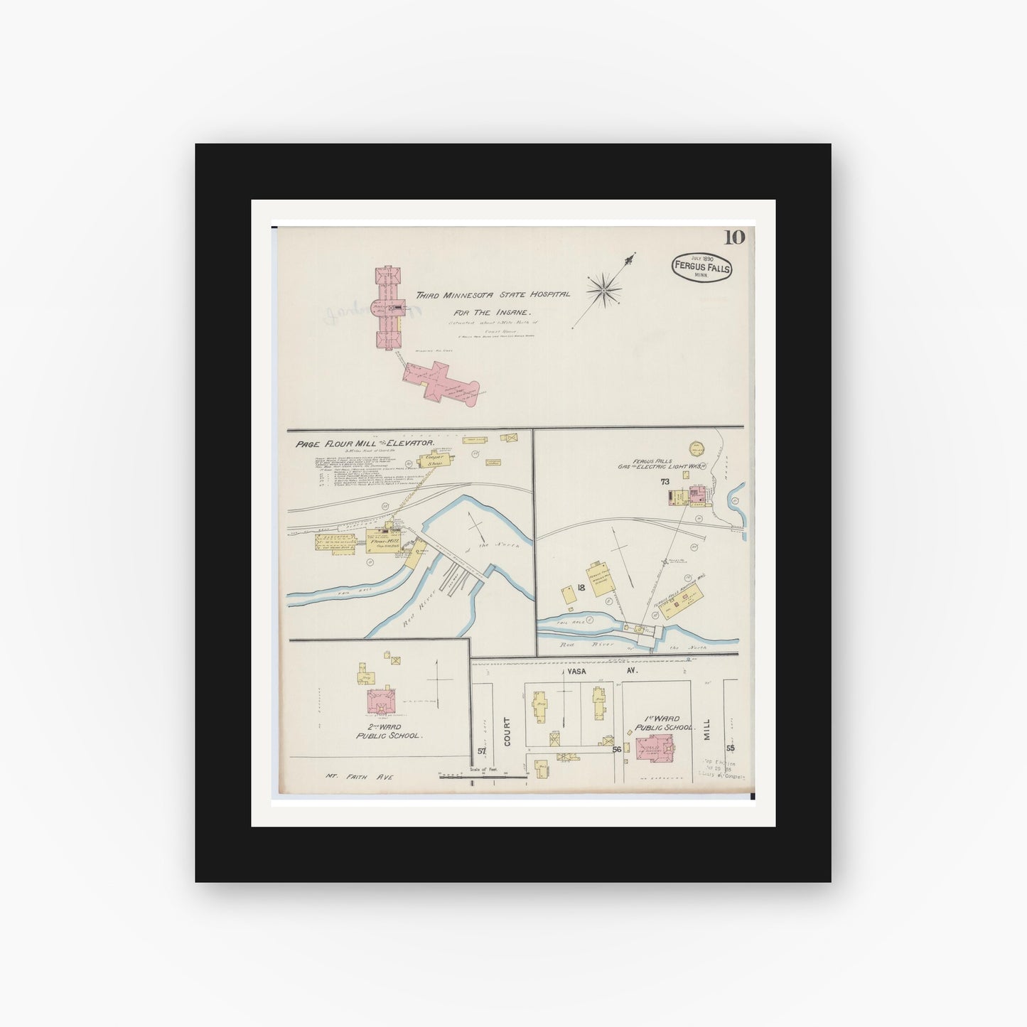 Old map wall art mockup — black gallery frame with white mat — Sanborn Fire Insurance Map from Fergus Falls, Otter Tail County, Minnesota (1890), Sheet #0010