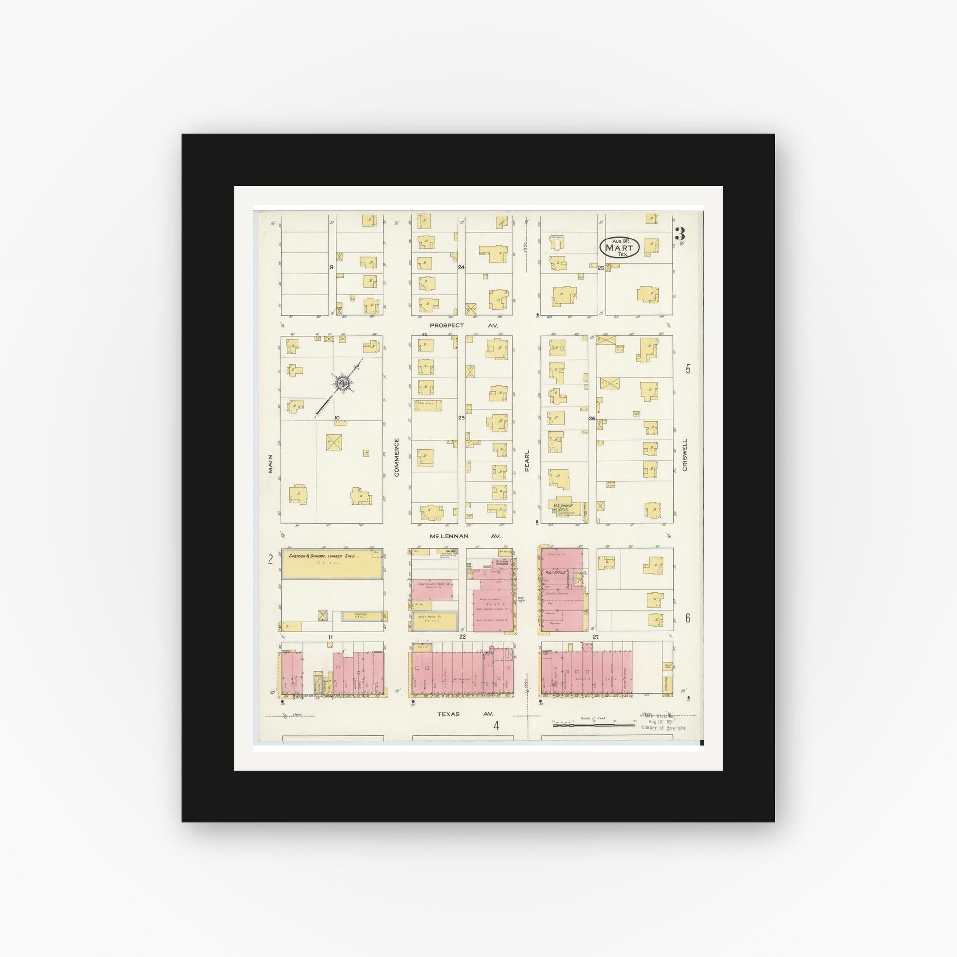 Old map wall art mockup — black gallery frame with white mat — Sanborn Fire Insurance Map from Mart, McLennan County, Texas (1915), Sheet #0003