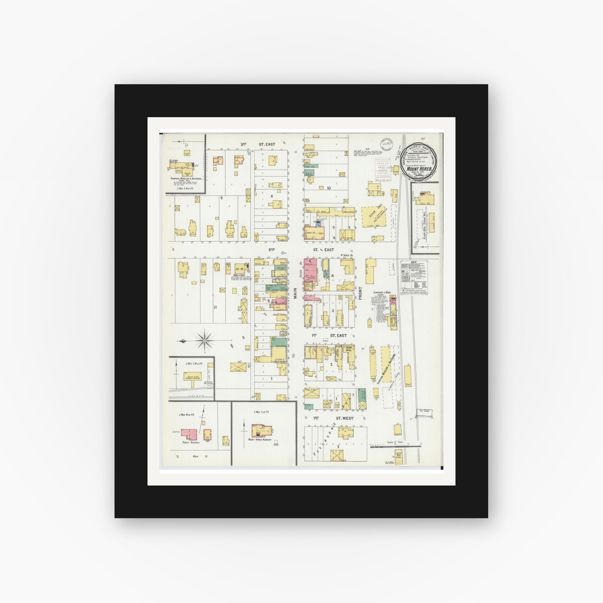 Old map wall art mockup — black gallery frame with white mat — Sanborn Fire Insurance Map from Mount Horeb, Dane County, Wisconsin (1899), Sheet #0001