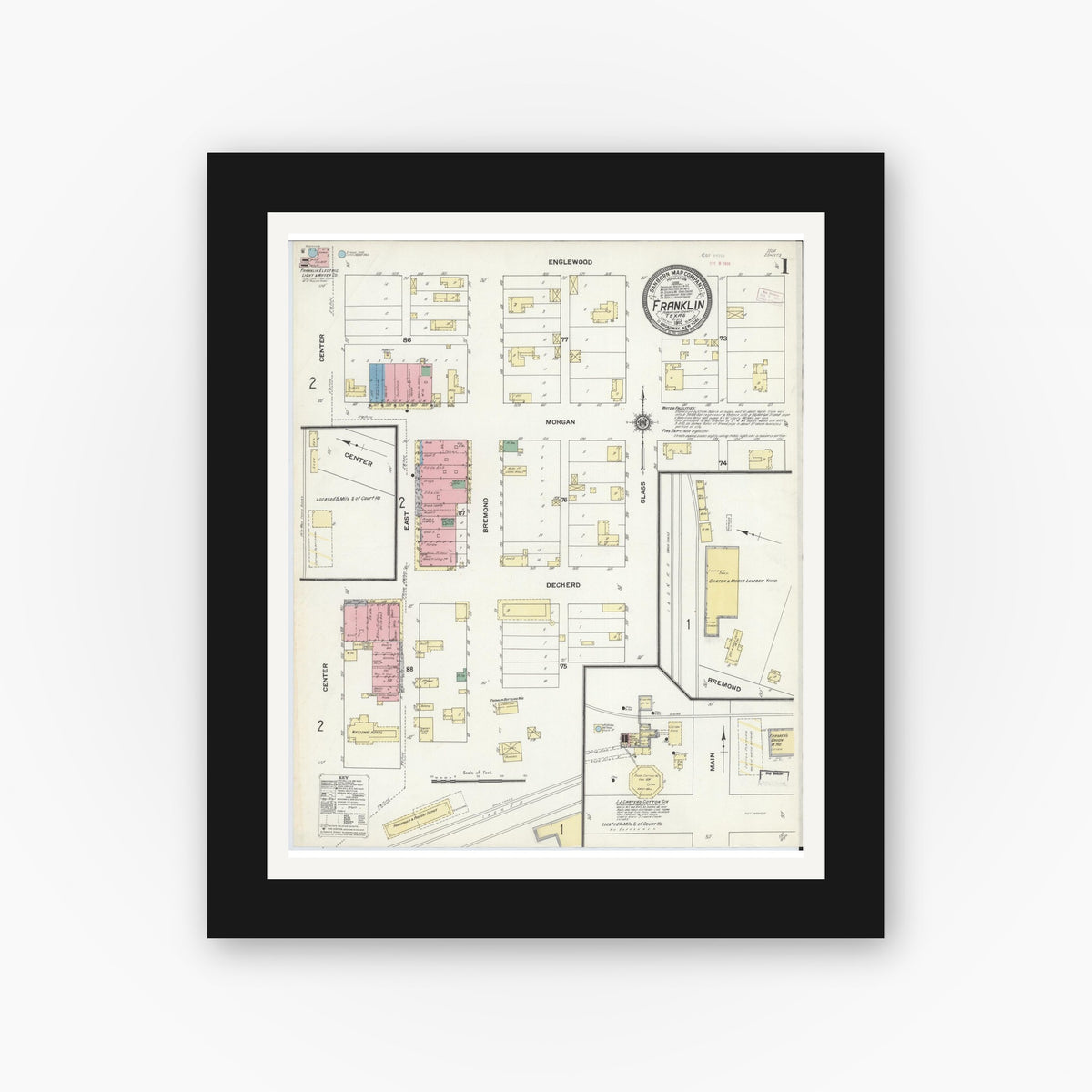 Old map wall art mockup — black gallery frame with white mat — Sanborn Fire Insurance Map from Franklin, Robertson County, Texas (1910) - Complete Map Set
