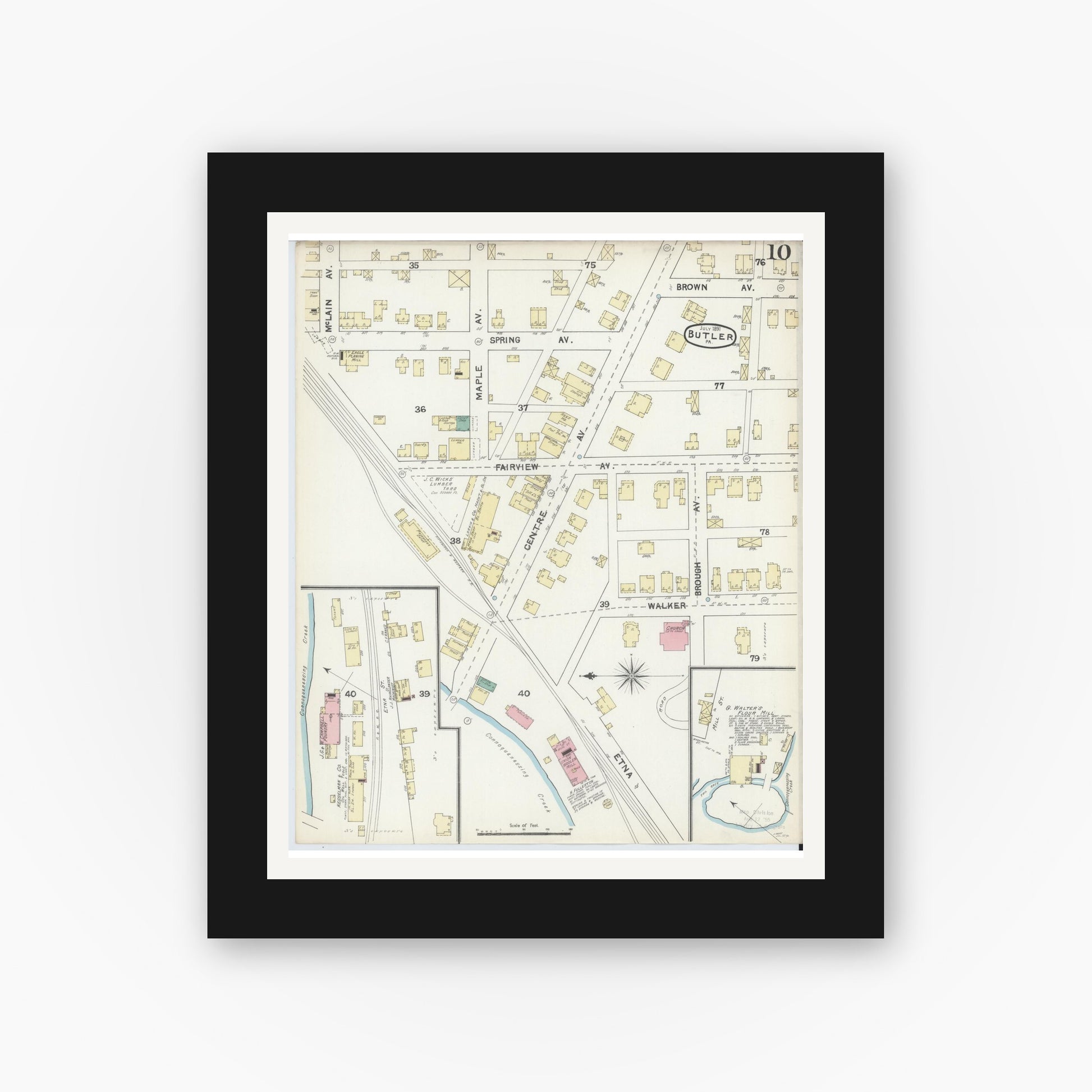 Old map wall art mockup — black gallery frame with white mat — Sanborn Fire Insurance Map from Butler, Butler County, Pennsylvania (1891), Sheet #0010
