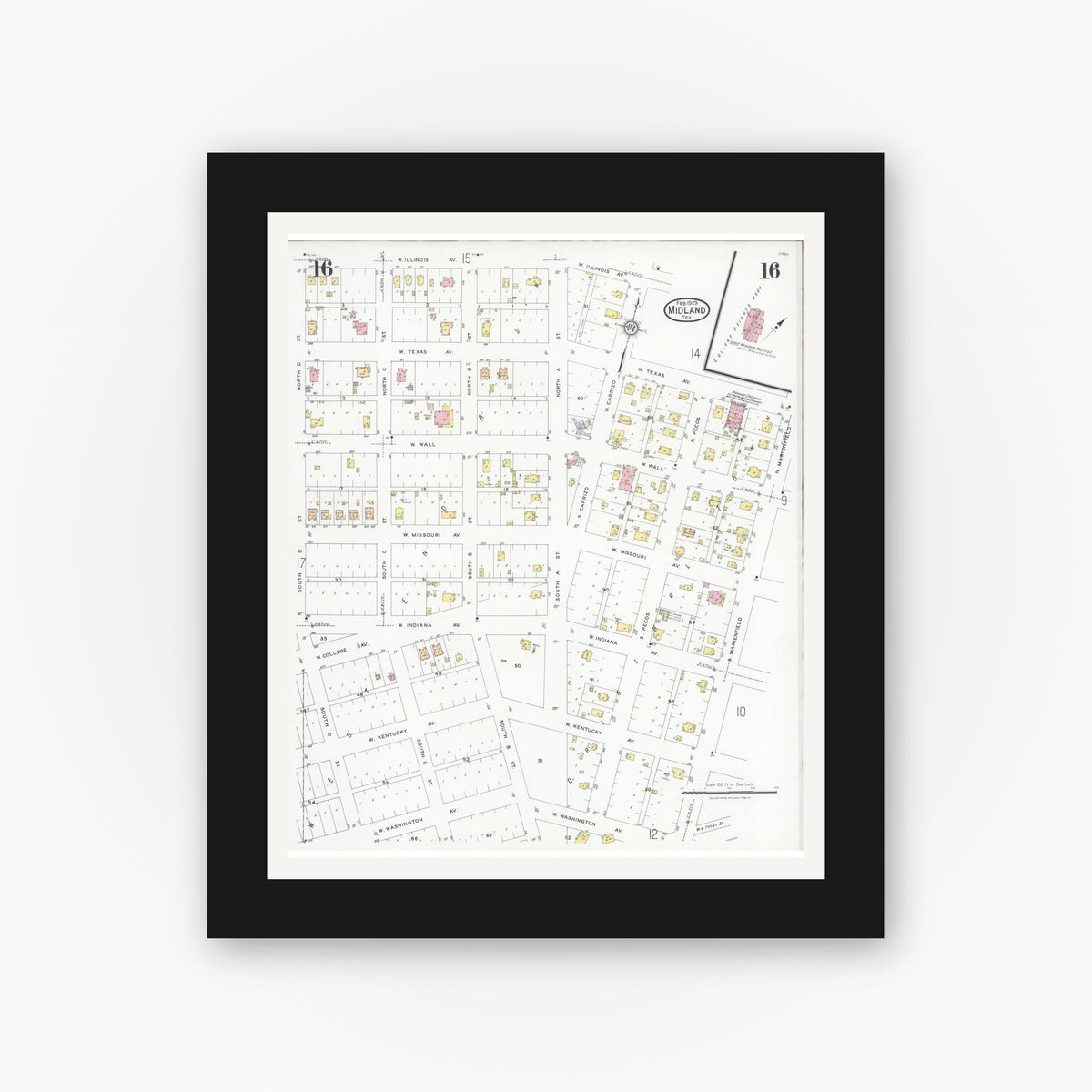 Old map wall art mockup — black gallery frame with white mat — Sanborn Fire Insurance Map from Midland, Midland County, Texas (1929), Sheet #0016