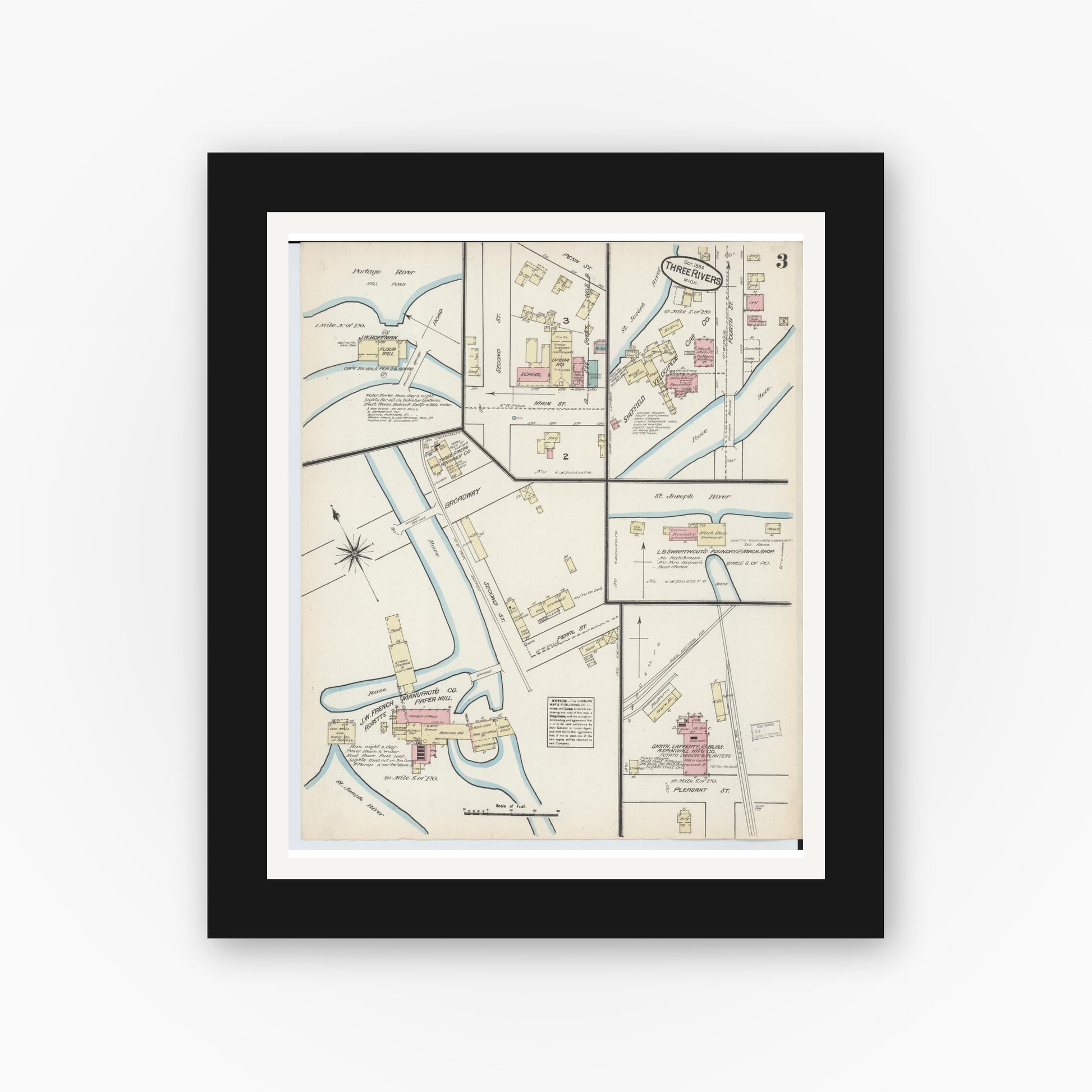 Old map wall art mockup — black gallery frame with white mat — Sanborn Fire Insurance Map from Three Rivers, Saint Joseph County, Michigan (1884), Sheet #0003