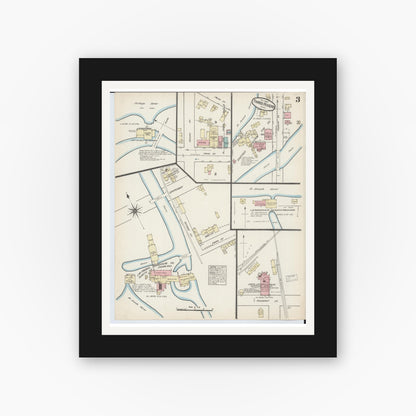 Old map wall art mockup — black gallery frame with white mat — Sanborn Fire Insurance Map from Three Rivers, Saint Joseph County, Michigan (1884), Sheet #0003