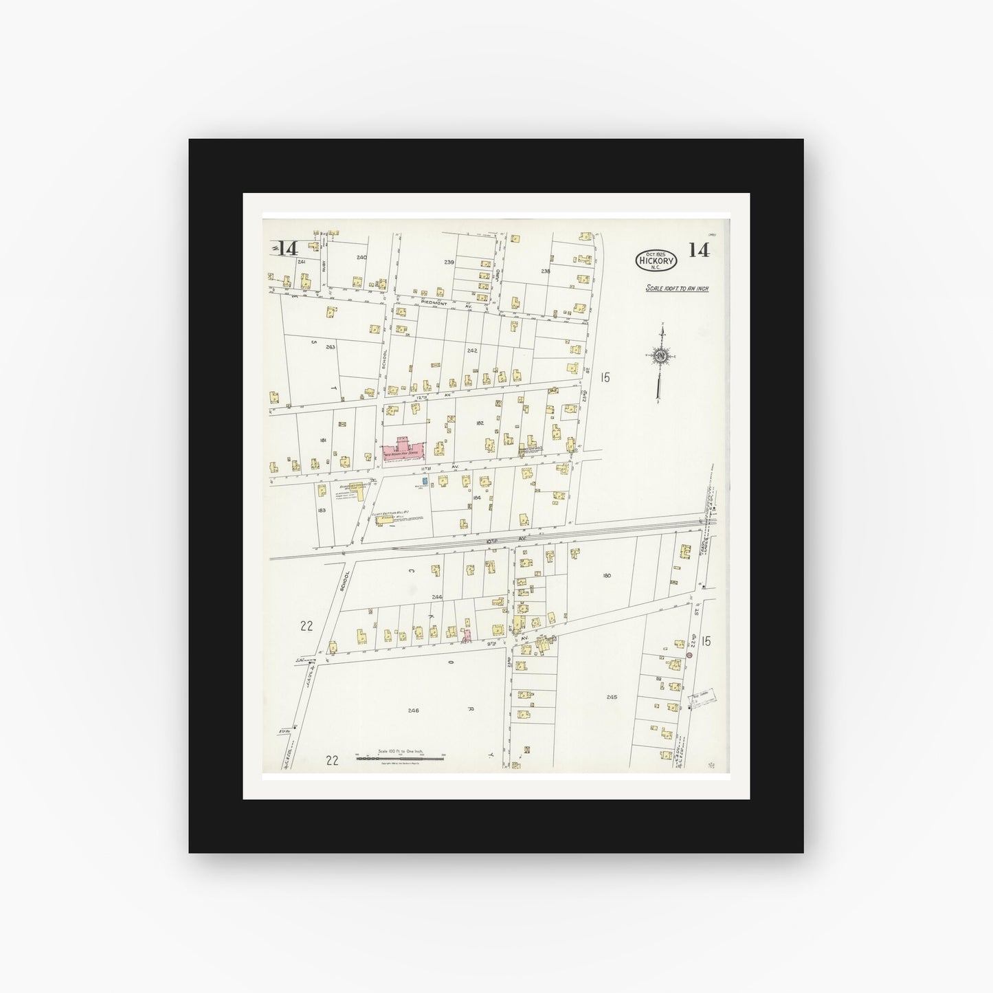 Old map wall art mockup — black gallery frame with white mat — Sanborn Fire Insurance Map from Hickory, Catawba County, North Carolina (1925), Sheet #0014