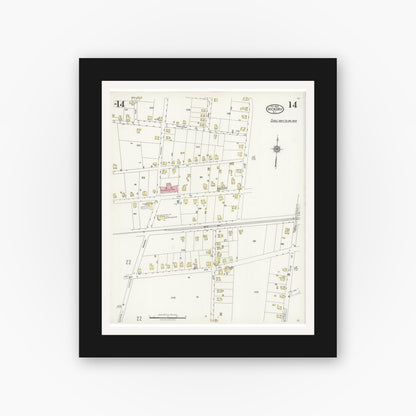 Old map wall art mockup — black gallery frame with white mat — Sanborn Fire Insurance Map from Hickory, Catawba County, North Carolina (1925), Sheet #0014