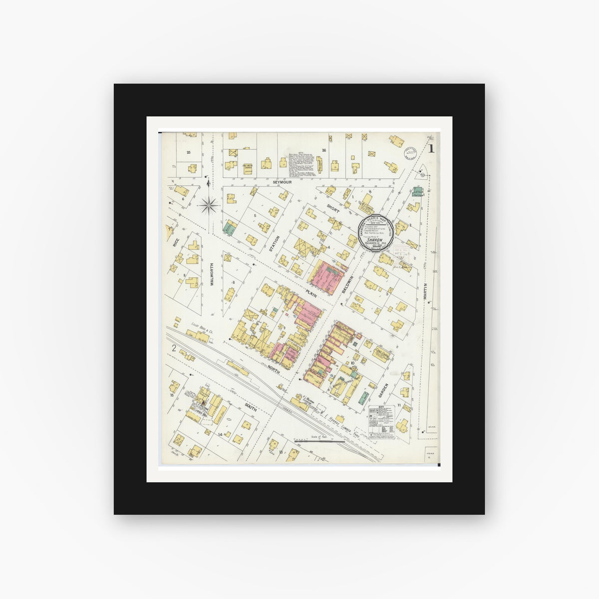 Old map wall art mockup — black gallery frame with white mat — Sanborn Fire Insurance Map from Sharon, Walworth County, Wisconsin (1899) - Complete Map Set