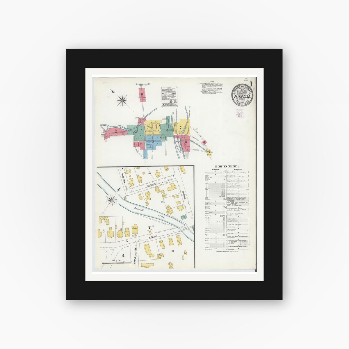 Old map wall art mockup — black gallery frame with white mat — Sanborn Fire Insurance Map from Ellenville, Ulster County, New York (1905), Sheet #0001