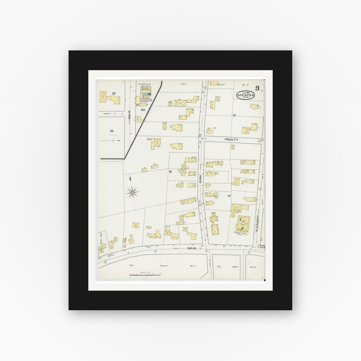 Old map wall art mockup — black gallery frame with white mat — Sanborn Fire Insurance Map from Spencer, Worcester County, Massachusetts (1892), Sheet #0003