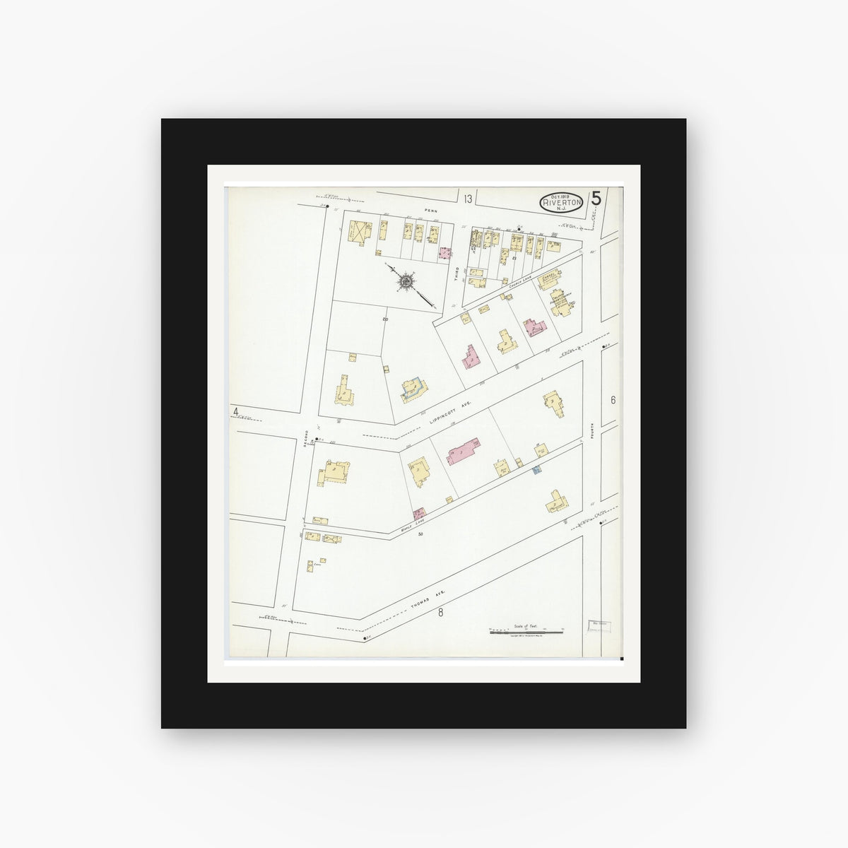Old map wall art mockup — black gallery frame with white mat — Sanborn Fire Insurance Map from Riverton, Burlington County, New Jersey (1919), Sheet #0005