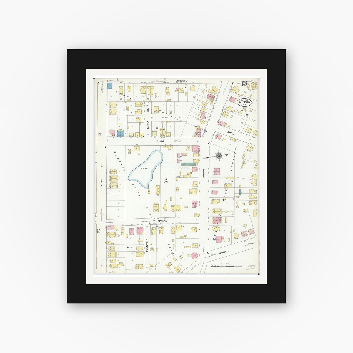 Old map wall art mockup — black gallery frame with white mat — Sanborn Fire Insurance Map from Alton, Madison County, Illinois (1909), Sheet #0013