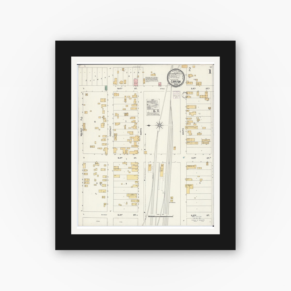 Old map wall art mockup — black gallery frame with white mat — Sanborn Fire Insurance Map from Carlton, Carlton County, Minnesota (1901), Sheet #0001
