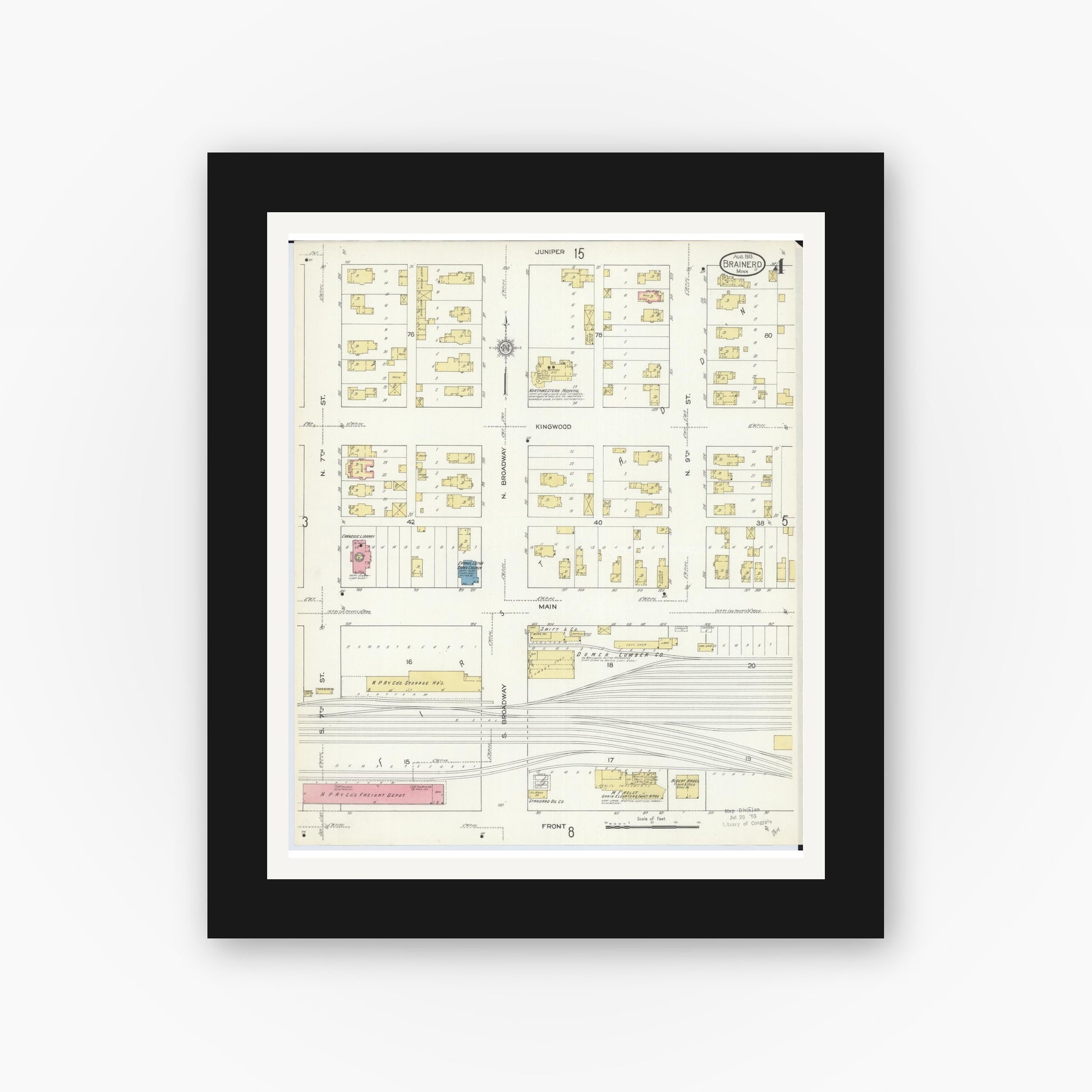 Old map wall art mockup — black gallery frame with white mat — Sanborn Fire Insurance Map from Brainerd, Crow Wing County, Minnesota (1913), Sheet #0004