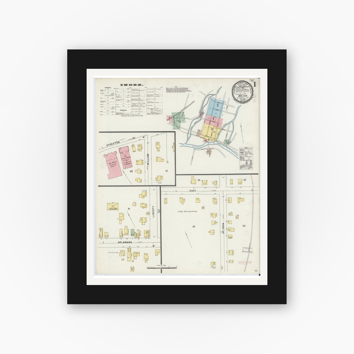 Old map wall art mockup — black gallery frame with white mat — Sanborn Fire Insurance Map from Walton, Delaware County, New York (1897), Sheet #0001