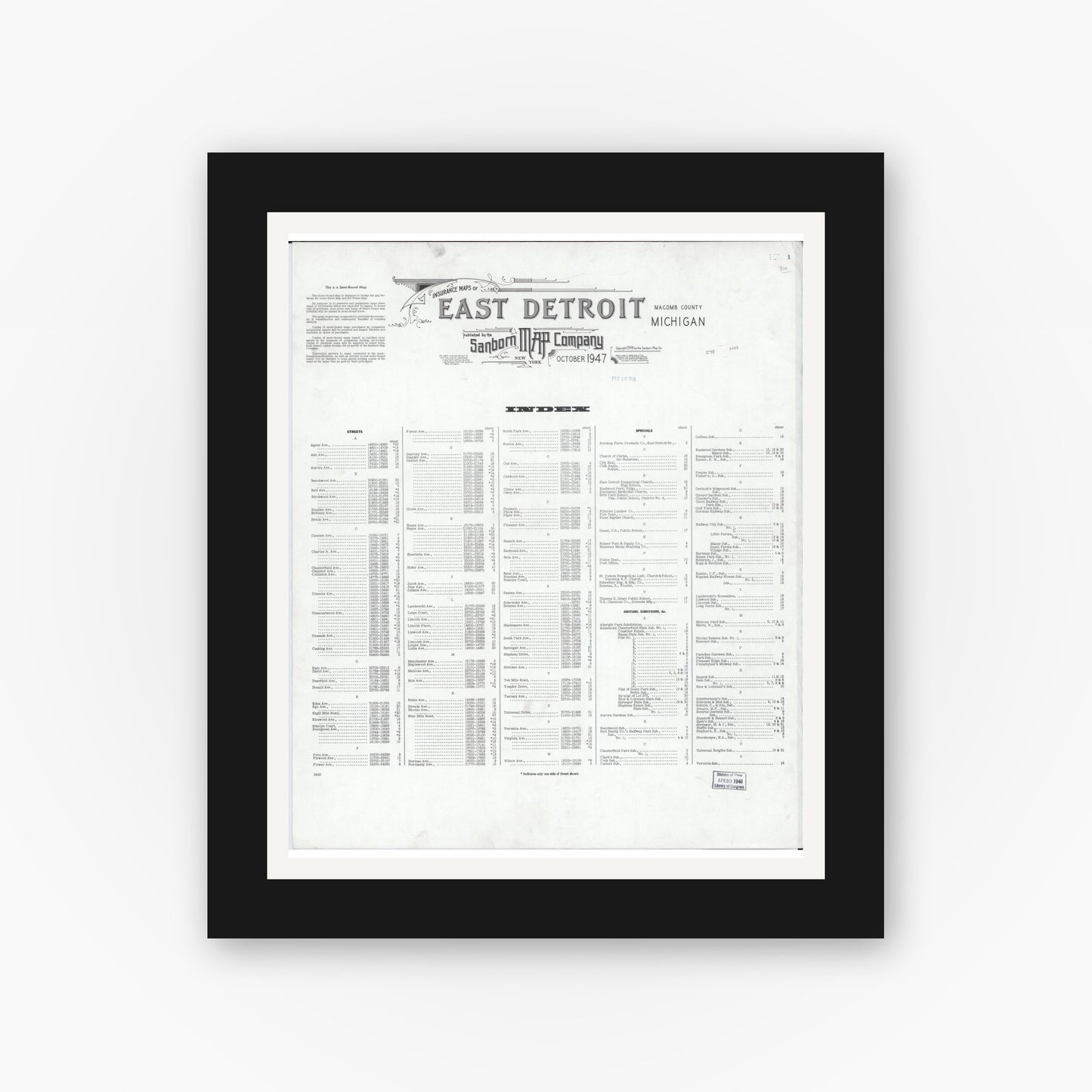 Old map wall art mockup — black gallery frame with white mat — Sanborn Fire Insurance Map from East Detroit, Macomb County, Michigan (1947), Sheet #0001