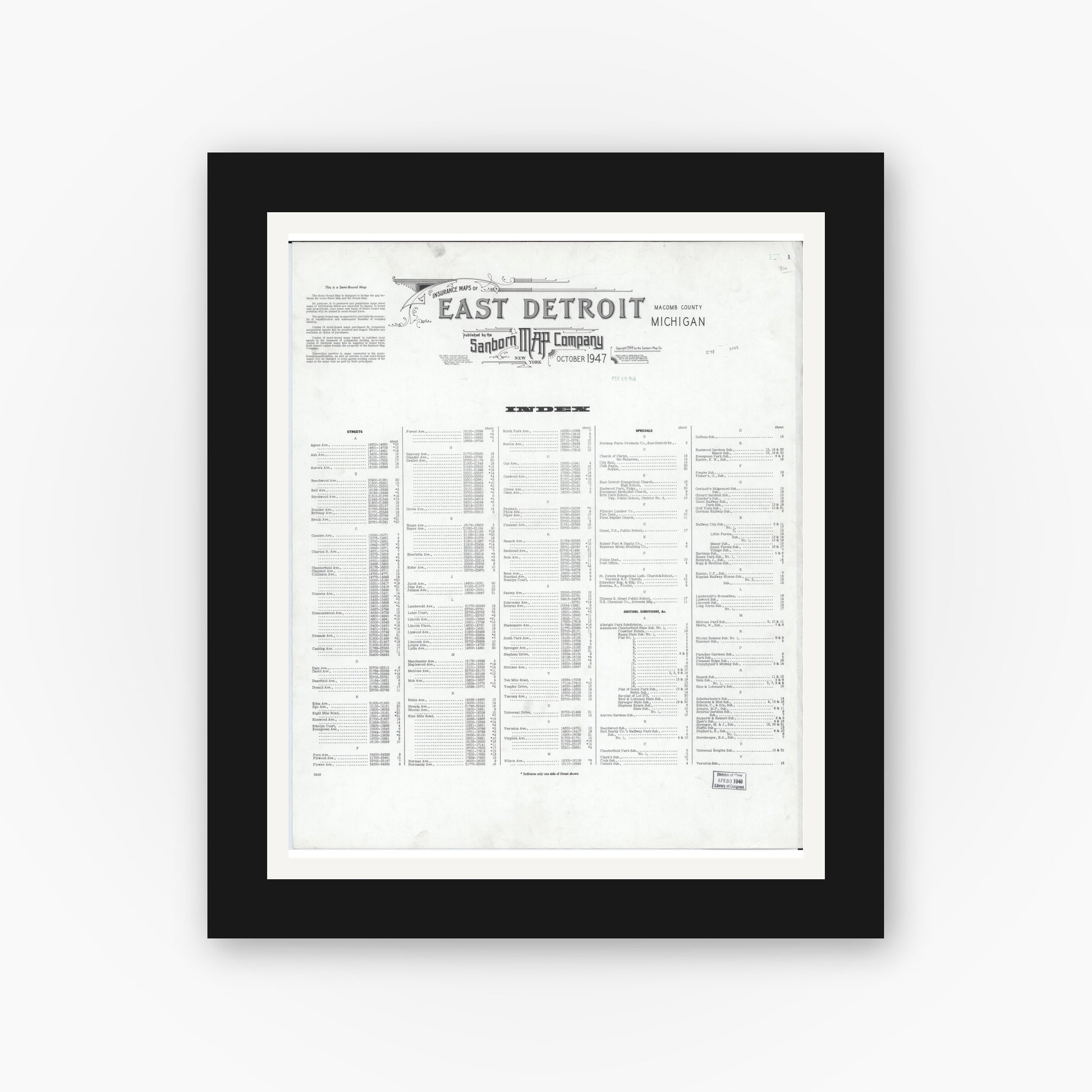 Old map wall art mockup — black gallery frame with white mat — Sanborn Fire Insurance Map from East Detroit, Macomb County, Michigan (1947), Sheet #0001