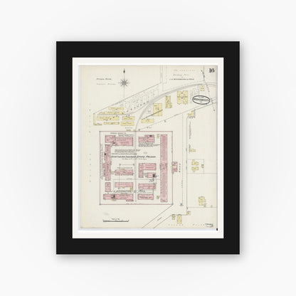 Old map wall art mockup — black gallery frame with white mat — Sanborn Fire Insurance Map from Michigan City, La Porte County, Indiana (1889), Sheet #0016