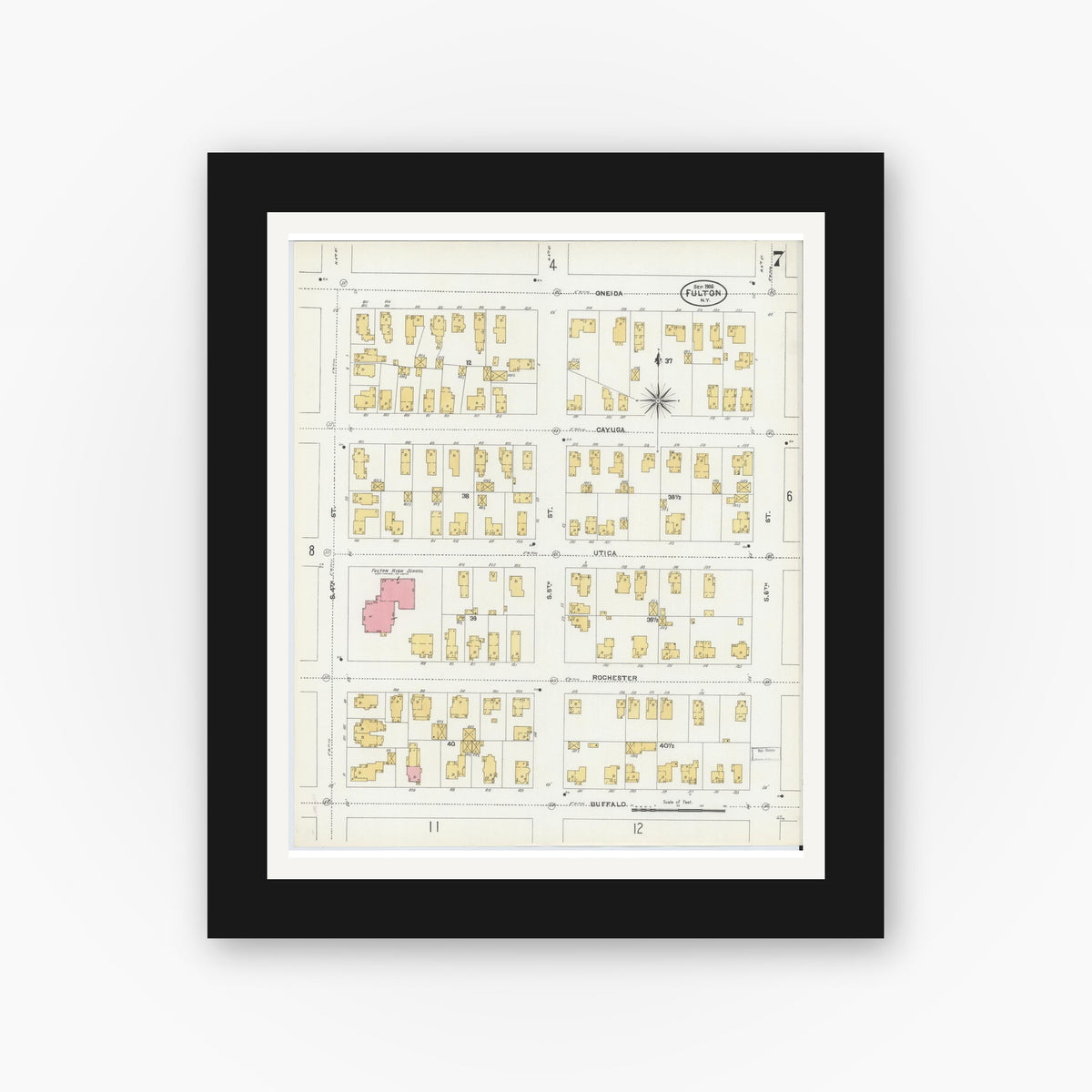 Old map wall art mockup — black gallery frame with white mat — Sanborn Fire Insurance Map from Fulton, Oswego County, New York (1906), Sheet #0007